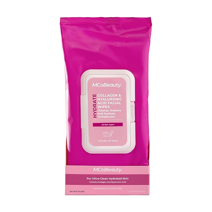 MCoBeauty - Hydrate Collagen & Hyaluronic Acid Facial Wipes - Moisturising Makeup Remover & Skin Refreshing Wipes - Pack of 25 - Vegan, Cruelty Free Skincare