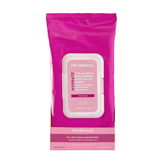 MCoBeauty - Hydrate Collagen & Hyaluronic Acid Facial Wipes - Moisturising Makeup Remover & Skin Refreshing Wipes - Pack of 25 - Vegan, Cruelty Free Skincare