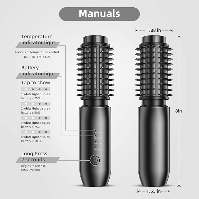 CARESKY® Cordless Curling Iron Brush, 1.5 Inch Mini Travel Hair Curler with 200 Million Negative Ions, Portable Heated Round Straightener Brush Rechargeable for Curl, Touch-Up, De-Frizz, Styling