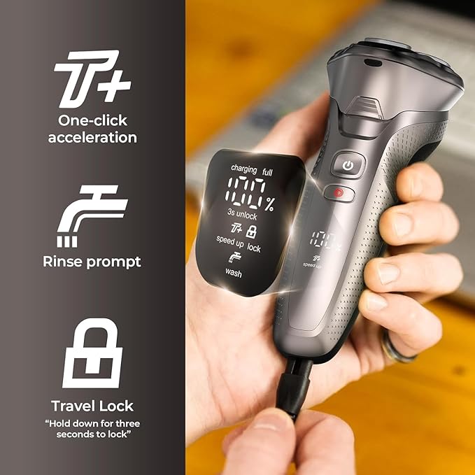 Cordless Electric Razor for Men: 3-in-1 Shaver for Beard/Nose/Sideburns - IPX7 Waterproof Travel Kit - Turbo Speed & Precision Blades,Bright Silver