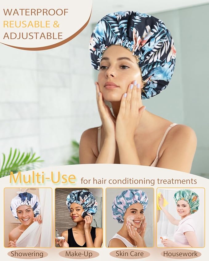 Shower Caps for Women Waterproof Reusable… (Black Palm)
