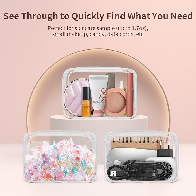 TISRATOK 12 PCS Clear Makeup Bag for Women with Zipper, TSA Approved Toiletry Pouch, Cosmetic Bag Bulk for Travel Organizer Essentials - White,Small