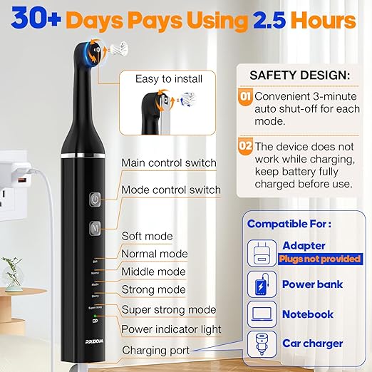 Tooth Polisher, RRZIOM Rechargeable Teeth Polisher for Teeth Whitening and Cleaning Kit, Waterproof Tooth Polish Dental Tools with LED Light, 5 Brush Heads, 5 Speed Modes, Tooth Polishing Kit