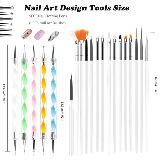 20Pcs Nail Art Brushes Tool Set, Nail Art Double-End Tools, Nail Liner Brushes, Silicone Pen Dotting Pen Tools Nail Art Kit for Home Nail Art DIY Salon Use-White