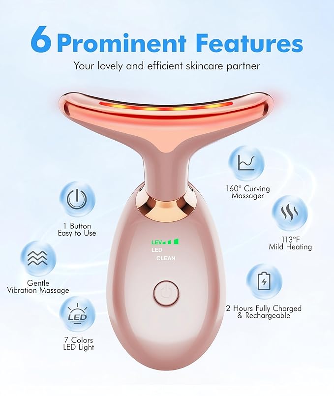 Red Light Therapy for Face and Neck, 7 Color Face Massager Tool for Wrinkles, Double Chin, Vibrating Facial Massager with Thermals for Skin Care, Rose Gold