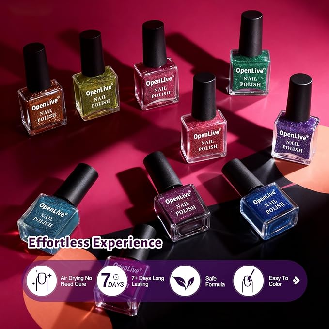 Reflective Nail Polish 12 Colors With Base Coat and Top Coat Glitter Red Bule Purple Green Nail Polish Set Quick Dry Sparkle Winter Manicure Long Lasting for Holiday Gift Giving