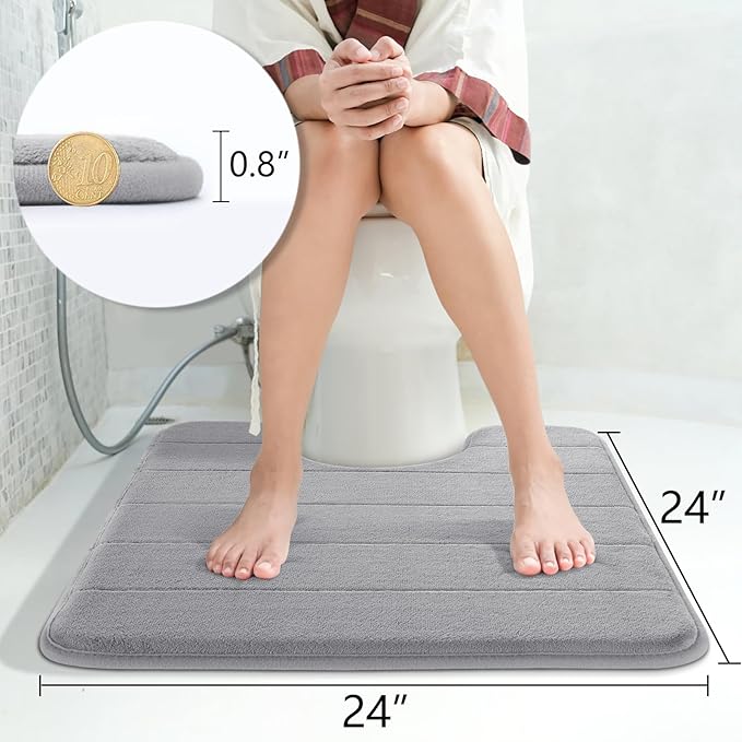 Yimobra Memory Foam Toilet Bath Mat U-Shaped, Soft and Comfortable, Super Water Absorption, Non-Slip, Thick, Machine Wash and Easier to Dry for Bathroom Commode Contour Rug, 24 X 24 Inches, Gray