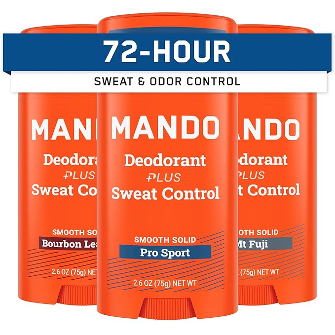 Mando Antiperspirant Deodorant Sweat and Odor Control for Men – Extra Strength Smooth Solid Stick – 72 Hour Performance – Baking Soda Free – 2.6 oz – 3 Pack – Bourbon Leather, Pro Sport, Mt Fuji