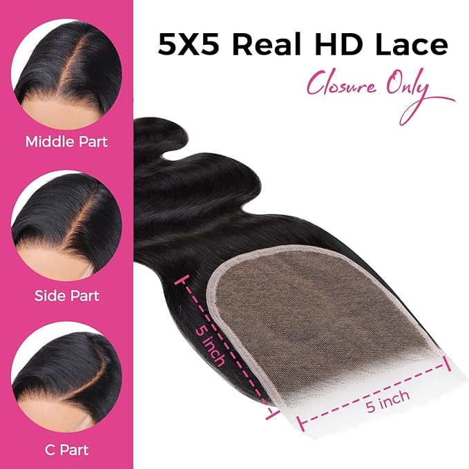 Lashey 5x5 SKINLIKE Real HD Lace Closure Body Wave, 0.10mm Ultra-Thin Human Hair Closure Pre Bleached Knots Pre Plucked Invisible Hairline 12 Inch Natural Black