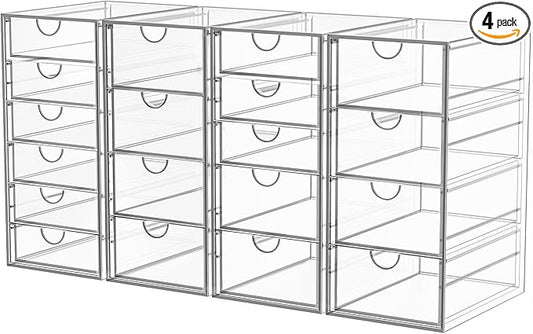 Acrylic Makeup Organizer with 19 Drawers, 4 Pack Clear Storage Drawers, Bathroom Makeup Organizer for Palettes, Cosmetic, and Beauty Supplies,Ideal for Vanity, Cabinet,Desk Organization