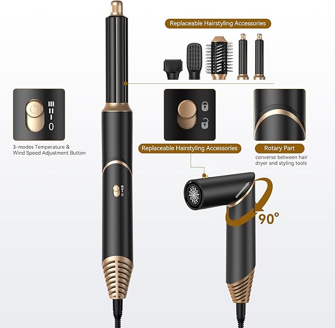 5 in 1 Blow Dryer Brush,Hair Dryer Brush with Detachable Air Styler,Negative Ionic Magic Hair Styler,Hot Air Brush for Women Volumizer,Straightener,Drying