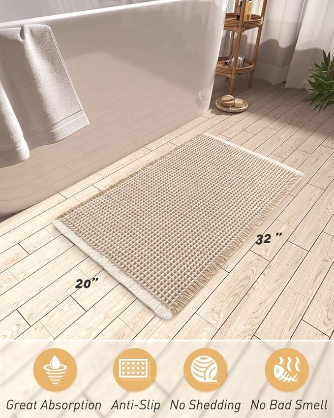 AMOAMI Upgraded Waffle Bath Mat, Super Absorbent Non Slip Bath Mats for Bathroom Floor, Machine Washable Bathroom Rugs with Tassels, Rubber Backed Bathroom Mats, Ultra Soft, 20" x 32",Brown & Cream