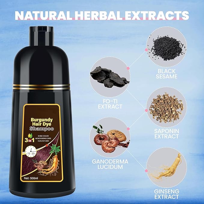 Hair Dye Shampoo for Gray Hair, 3 in 1 Herbal Ingredients Natural Shampoo Hair Dye for Women Men, Grey Coverage 500ml (DarkBurgundy)