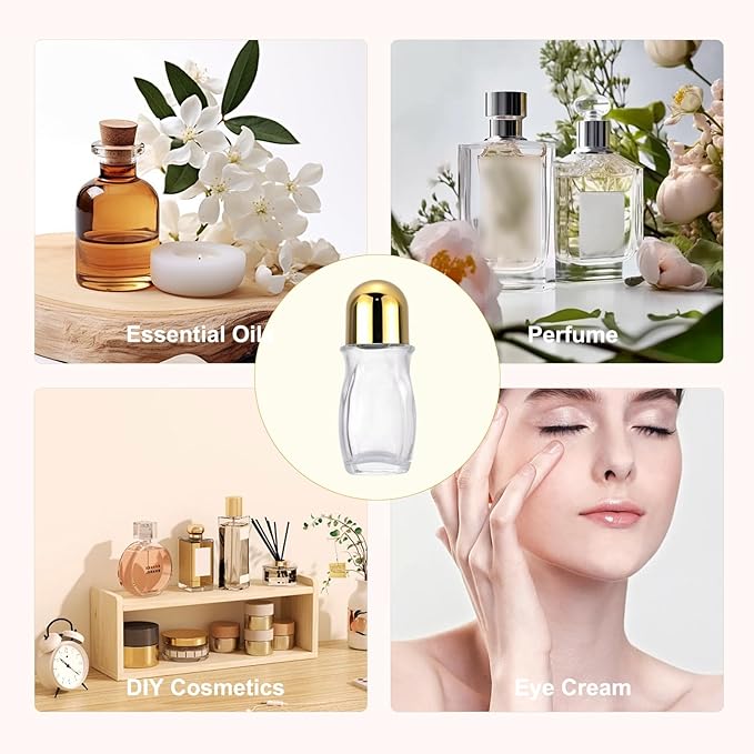 4 Pack 50mL Clear Glass Roller Bottles for Deodorant, Essential Oil Roll On Bottles, Leak-Proof Refillable Rollerball Containers with Golden Caps, Travel DIY Perfume Applicator