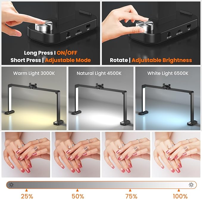 Nail Light for Desk,34 Inch 48W Half Moon Light-Adjustable 3000K-6000K Color Temp, 0-100% Brightness,Nails lamp with Phone Stand,for Nails Art,Tattoo,Eyebrow,Beauty,Reading,Salon