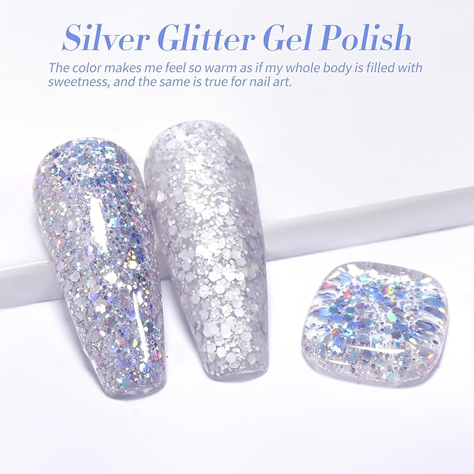 Born Pretty Christmas Silver Glitter Gel Nail Polish Shiny Silver Gel Polish Nail Art Design Manicure DIY at Home 15ml
