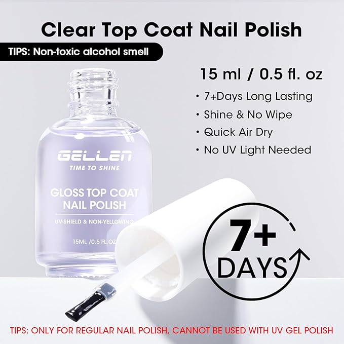GELLEN Clear Nail Polish Top Coat, High Gloss Shine Top Coat Quick Air Dry UV-Resistant, Long Wear and Scratch Resistant, Chip Resistant, Protects Color & Nails, Non UV Gel, Hema Free, Non-toxic