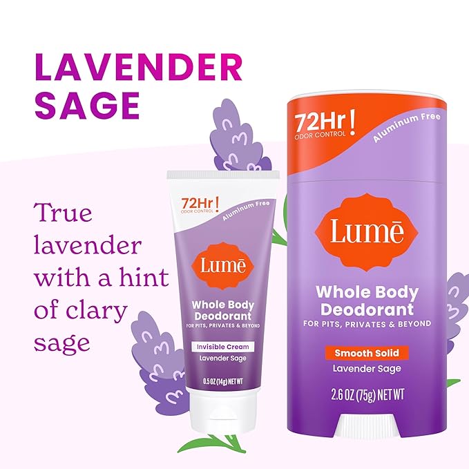 Lume Whole Body Deodorant - Invisible Cream Mini + Solid Stick Bundle - 72 Hour Odor Control - Aluminum & Baking Soda Free, Skin Loving (Lavender Sage)