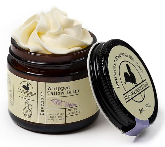 Hearth and Homestead: Handmade Whipped Tallow Balm, Organic, Moisturizer, Body Butter with Infused Olive Oil, for Eczema, Rosacea, Baby (Lavender)