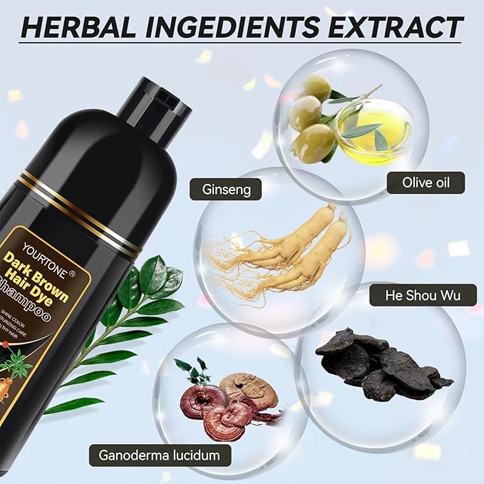 Dark Brown Hair Dye Shampoo 3 IN 1, Hair Color Shampoo for Gray Hair Coverage for Women Men, Herbal Formula with Ammonia-free Ingredients, Lasts up to 30 Days (16.9 Fl Oz)