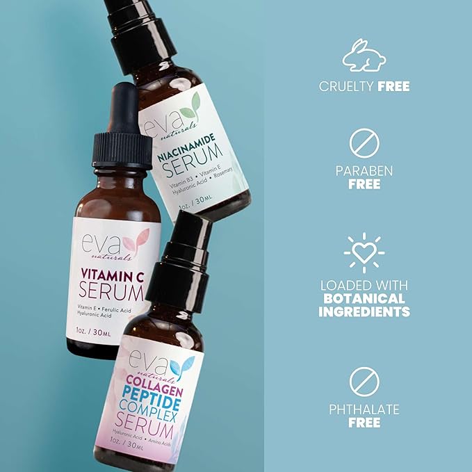 Eva Naturals Firm & Glow Serum Bundle – Vitamin C, Peptide & Niacinamide Serums – Anti-Aging Face Serum Set for Wrinkles, Glow, Pores, Hydration – Collagen Boosting Skin Care Routine