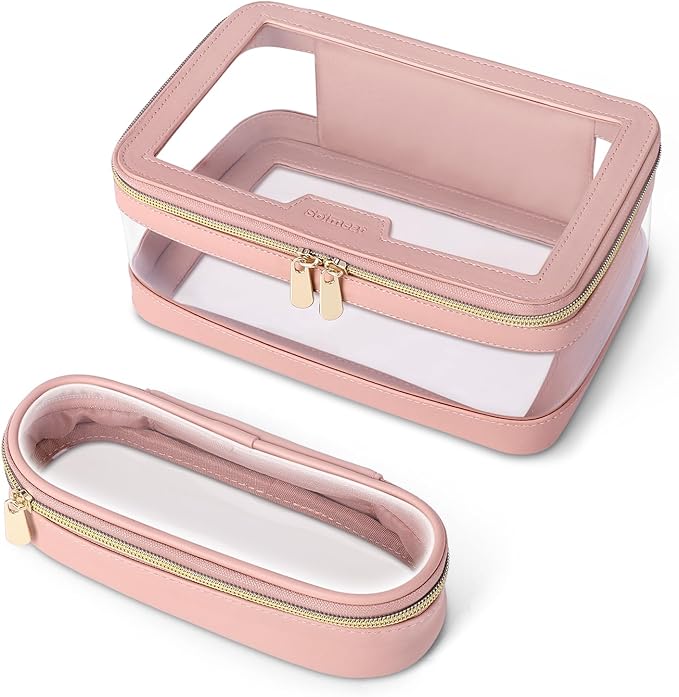Travel Clear Makeup Bag with Makeup Brush Bag, Leather Makeup Case Toiletry Bag, Portable Cosmetic Bag Case, Transparent Waterproof Cosmetic Organizer Storage Bag for Women, Medium, Pink