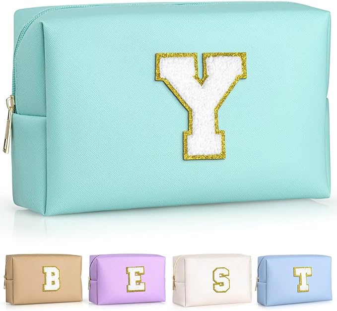 TOPEAST Preppy Makeup Bag, Small Cosmetic Travel Bags for Women, PU Leather Waterproof Toiletry Bag with Zipper, Personalized Birthday Gift for Women Girl, Preppy Gifts for Girl (Blue Y)