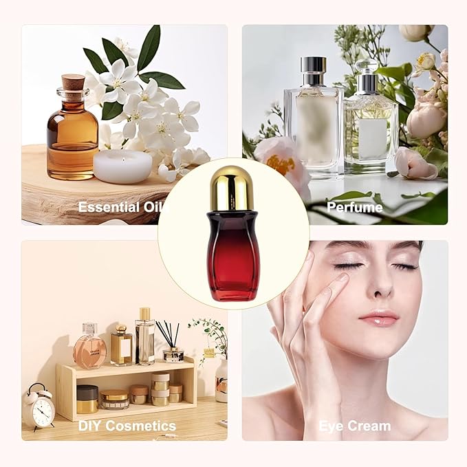 4 Pack 50mL Glass Roller Bottles for Deodorant, Essential Oil Roll On Bottles, Leak-Proof Refillable Rollerball Containers, Travel DIY Perfume Applicator, Black Red Gradient with Golden Caps