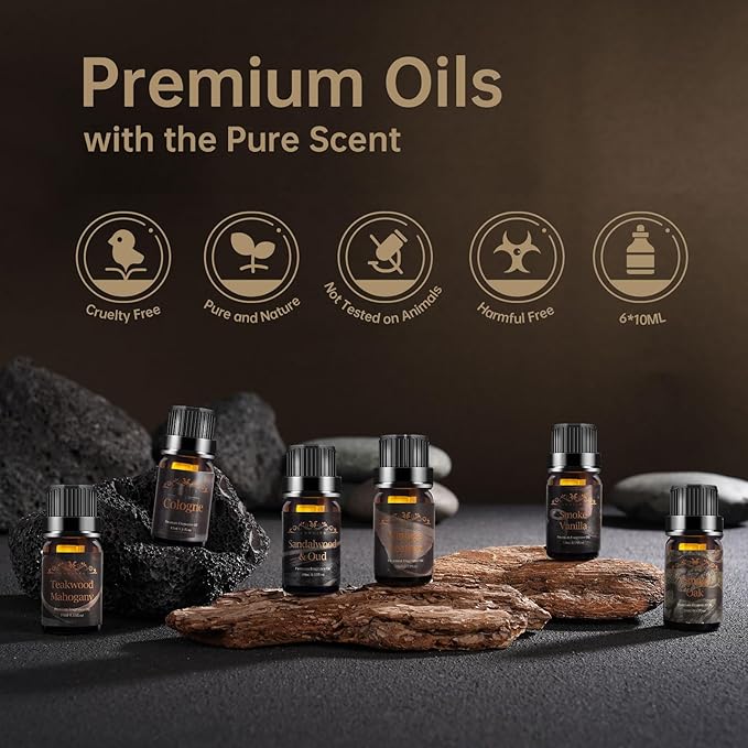Men Essential Oils Set - 6 Premium Fragrance Oils for Diffusers for Home, Candles & Aromatherapy | Leather, Sandalwood, Cologne, Smoke Vanilla, Oak, Mahogany Scents | Gift Set for Men, Father's Day