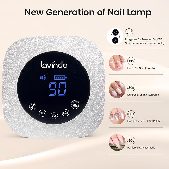 Lavinda UV LED Nail Lamp 54W, Frosted Silver Glitter Rechargeable Cordless Nail Dryer Gel Light with 4 Timer Settings for Gel Polish Nails, Elegant Matte Shimmer Finish, Auto Sensor for Salon & Home