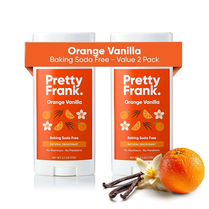 Pretty Frank Natural Aluminum-Free Deodorant Stick, Baking Soda-Free, Orange Vanilla (2-Pack) | Sensitive Skin Friendly, Effective Odor Control for Women & Men, Organic Ingredients and Essential Oils