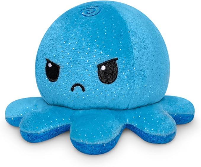 TeeTurtle - The Original Reversible Octopus Plushie - Blue Sparkle + Bow - Cute Sensory Fidget Stuffed Animals That Show Your Mood 4 inch