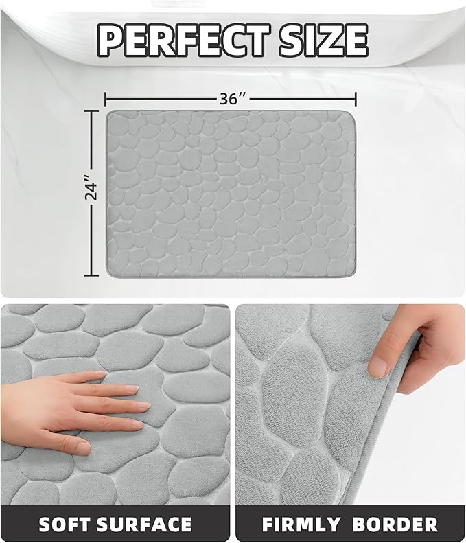 YIHOUSE Memory Foam Bath Mat Cobblestone Bathroom Rugs Super Water Absorbent Bath Mats for Bathroom Machine Washable Bath Rugs(24 x 36,Light Gray)