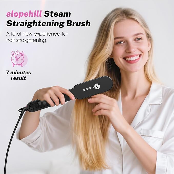 slopehill Steam Hair Straightener Brush – Ionic Steam Straightening Brush for Smooth, Frizz-Free Hair, Fast Heating, 4 Adjustable Temperature, Anti-Scald Design