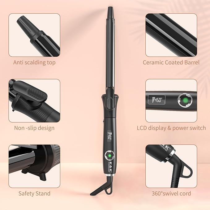 3/4 Inch Curling Iron with Clipped Tourmaline Ceramic Barrel Professional 0.75Inch Hair Curler up to 450°F Dual Voltage for Traveling 60 Mins Auto Off Suit for Different (Black, 0.75 Inch)