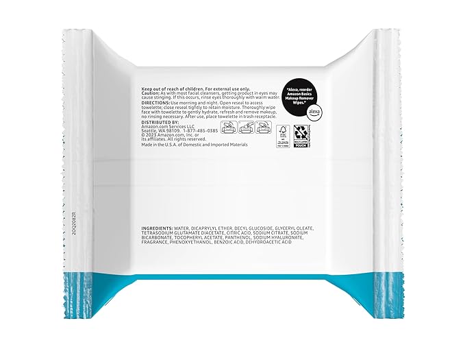 Amazon Basics Makeup Remover Wipes, Gentle Cleansing, Dermatologist Tested, Hydrating, Plant Based, Alcohol-Free, Removes Waterproof Mascara, 25 Count Per Pack, Pack of 1