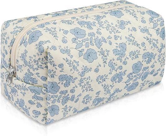 Floral Makeup Bag, Cute Cosmetic Bag for Women Girls, Quilted Cotton Make up Pouch, Travel Makeup Bags, Portable Storage Toiletry Organizer Bag(Blue Floral)