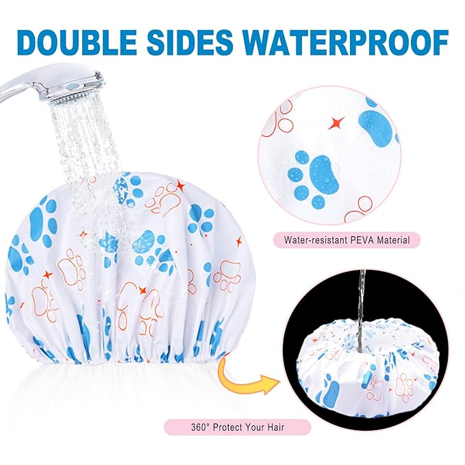6 PCS Shower Caps for Women, Double Side Waterproof Shower Cap, Reusable Elastic Bath Caps for Shower, EVA Bathing Shower Caps, Bath Hair Caps - Paw