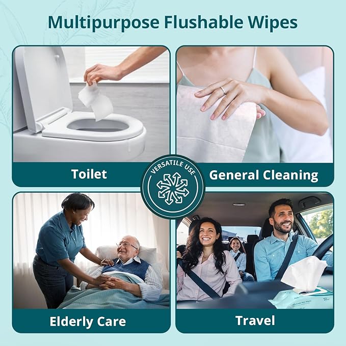 WhyWorry Flushable Wipes for Adults, Extra Large 8"x10" Butt Wipes for Personal Hygiene & Cleansing, with Chamomile and Vitamin E, 100% Plant-Based, Septic & Sewer Safe, Unscented, 48 Count