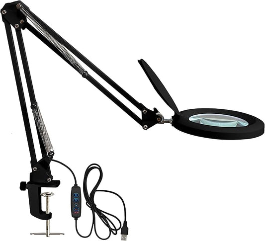 Neatfi (New Model) LED Magnifying Lamp with Clamp, 5D Magnification, 120Pcs SMD LEDs, 12W, Adjustable Color Temperature (Black, 5-Inch Lens, 5 Diopter)