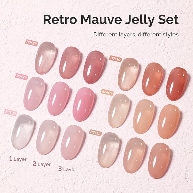MelodySusie Jelly Gel Nail Polish Set,6 Transparent Colors,Milky or Jelly Texture,Pink and Nude Versatile Colors Soak Off UV LED Light Cure or Salon Manicure and Nail Art DIY at Home