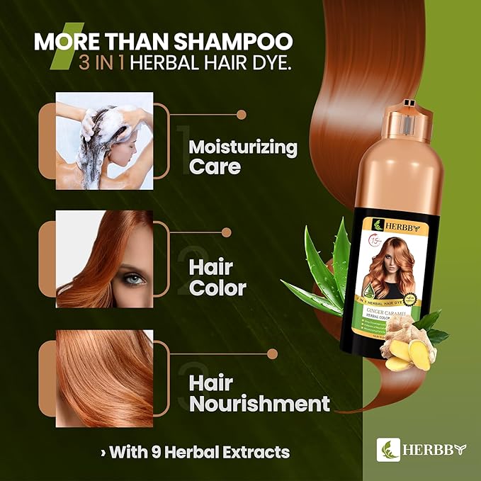 HERBBY Hair Color Shampoo for Gray Hair Coverage&Color Transform with 9 Herbal Extracts –Long Lasting(6-8 Weeks),Shiny,Evenly Colored,Instant Hair Dye Shampoo&Conditioner,500 Ml (GINGER CARAMEL COLOR)