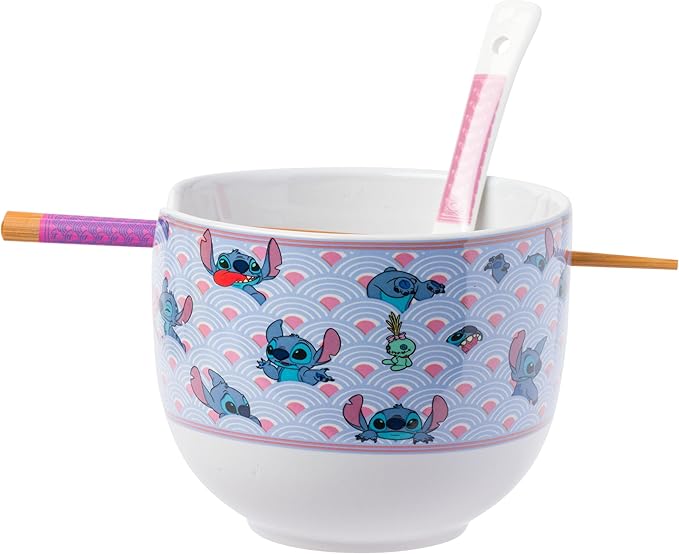 Silver Buffalo Disney Lilo and Stitch Scrump Waves Japanese Pattern Ceramic Ramen Noodle Rice Bowl with Chopsticks and Spoon, Microwave Safe, 20 Ounces