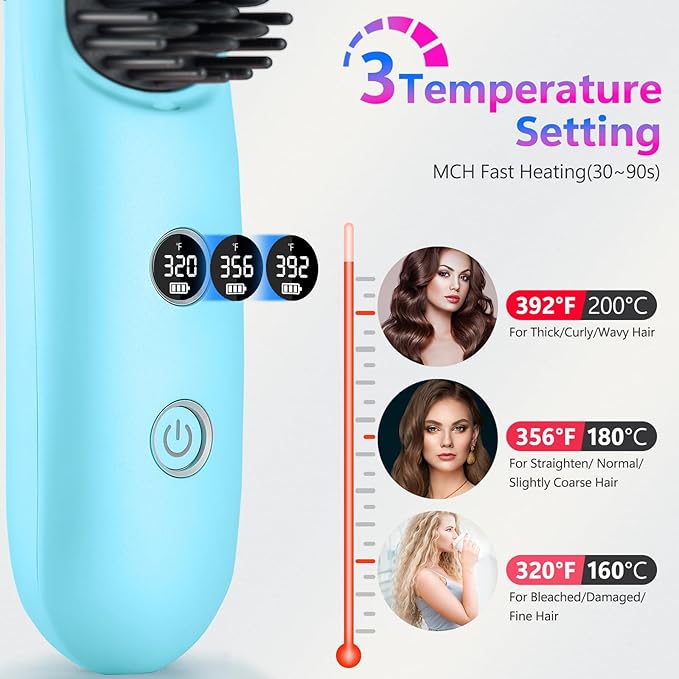 LCD Screen Cordless Hair Straightener Curler 2 in 1, Portable Mini Hair Straightening Brush for Travel Negative Ionic Fast Heating Hot Comb for Women, Folding Brush with Mirror, Blue