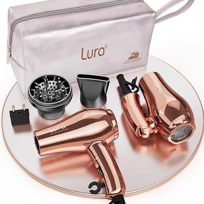 LURA Dual Voltage Travel Hair Dryer with Diffuser,Travel Blow Dryer Mini with EU Plug and UK Plug,Lightweight Portable Hairdryers with Folding Handle,1200W Compact Small Blowdryers for Women