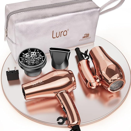 LURA Dual Voltage Travel Hair Dryer with Diffuser,Travel Blow Dryer Mini with EU Plug and UK Plug,Lightweight Portable Hairdryers with Folding Handle,1200W Compact Small Blowdryers for Women