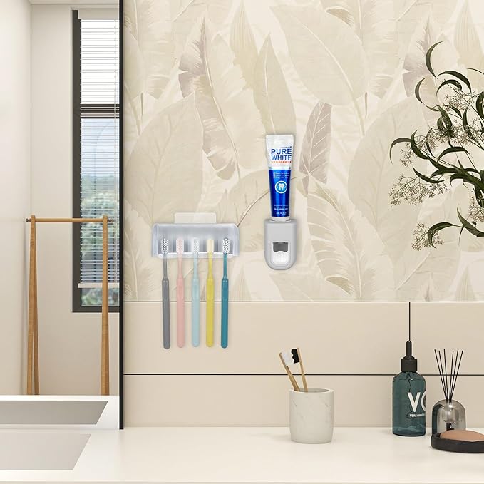5 Slots Wall Mount Toothbrush Holder with Cover, Self Adhesive Toothbrush Storage Organizer for Shower, Toothbrush Hanger with Automatic Toothpaste Squeezer Dispenser (Grey)