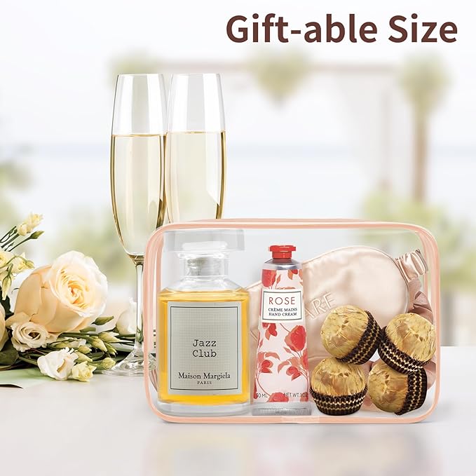 TISRATOK 12 PCS Clear Makeup Bag for Women with Zipper, TSA Approved Toiletry Pouch, Cosmetic Bag Bulk for Travel Organizer Essentials - Orange-pink, Medium