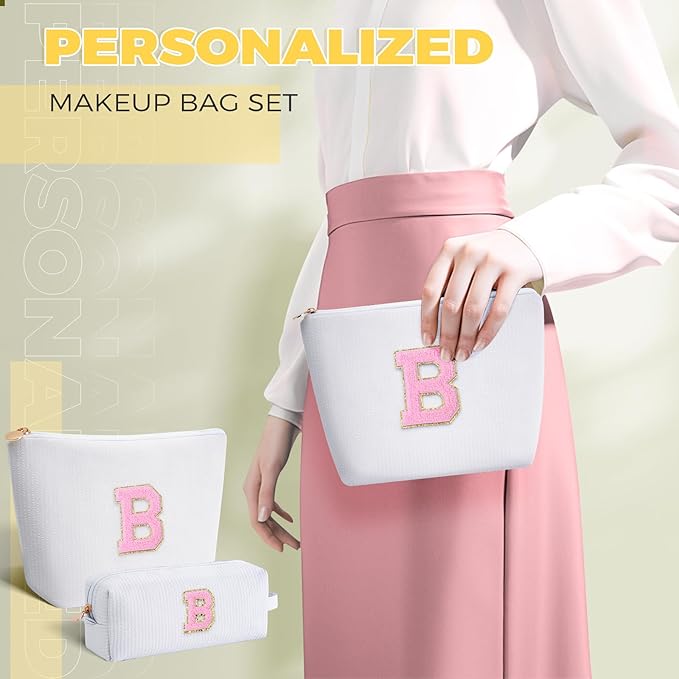 Bridesmaid Gifts Wedding Day - Bridal Shower Gifts,Maid of Honor Gifts,Initials Makeup Bag Set Cosmetic Bag - White,B