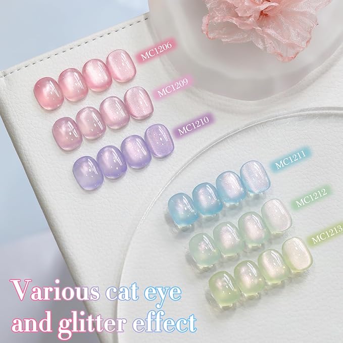 Double Rhythm 0.5 OZ Cat Eye Gel Polish with Magnet 15ML Holographic Glitter Shimmer Translucent Jelly Color Magnetic Nail Polish Salon DIY at Home (Light Green-MC1212)